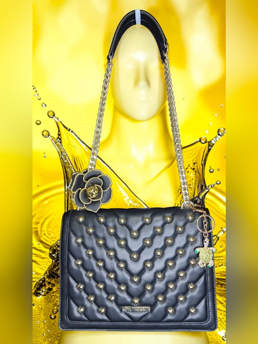 Love Moschino Flap Heart-Studded Crossbody Shoulder Bag-Borsa Matt Nappa PU Nero